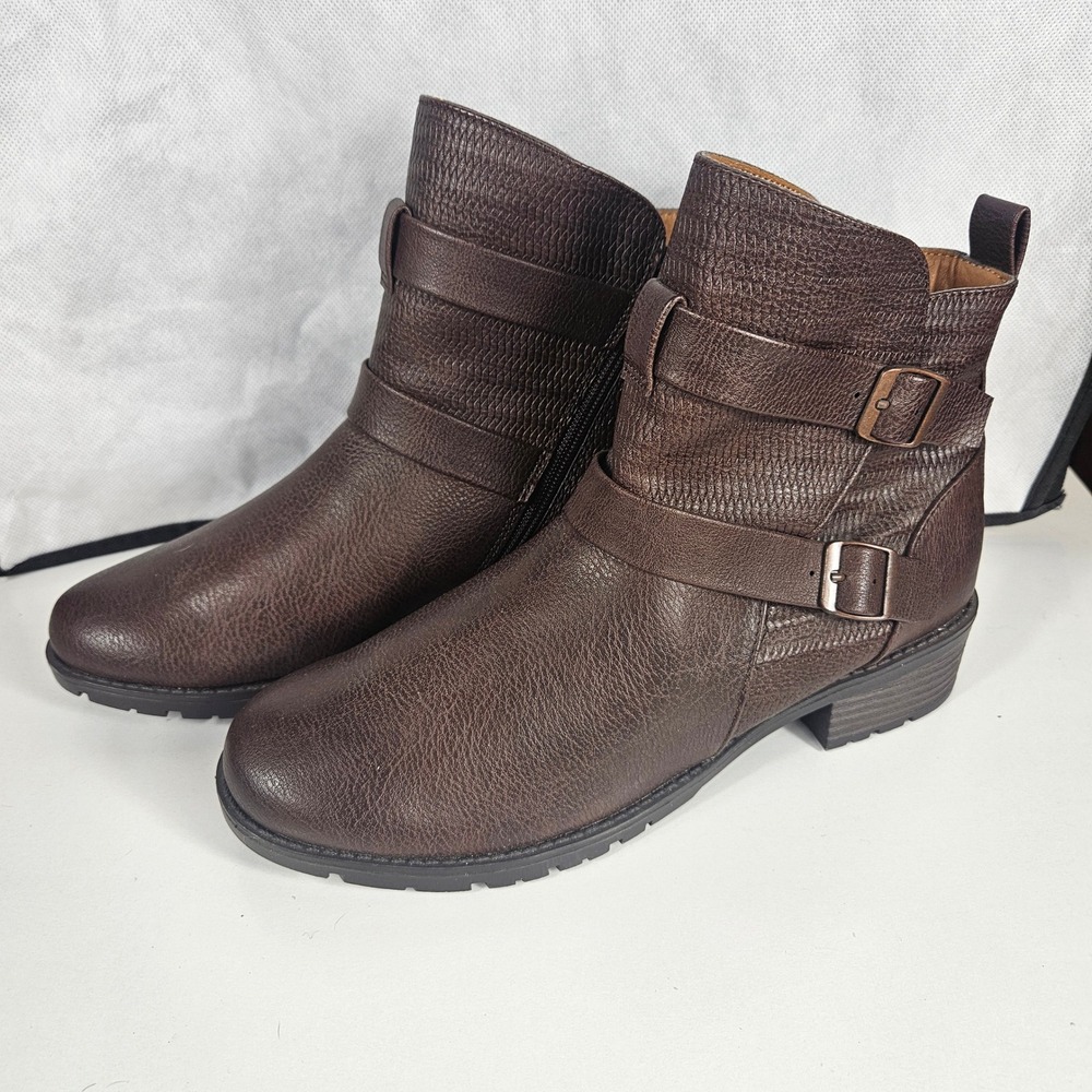 Croft & Barrow Tower Brown Pebbled Buckle Ankle Boots Ortholite Lug Sole W 8.5M